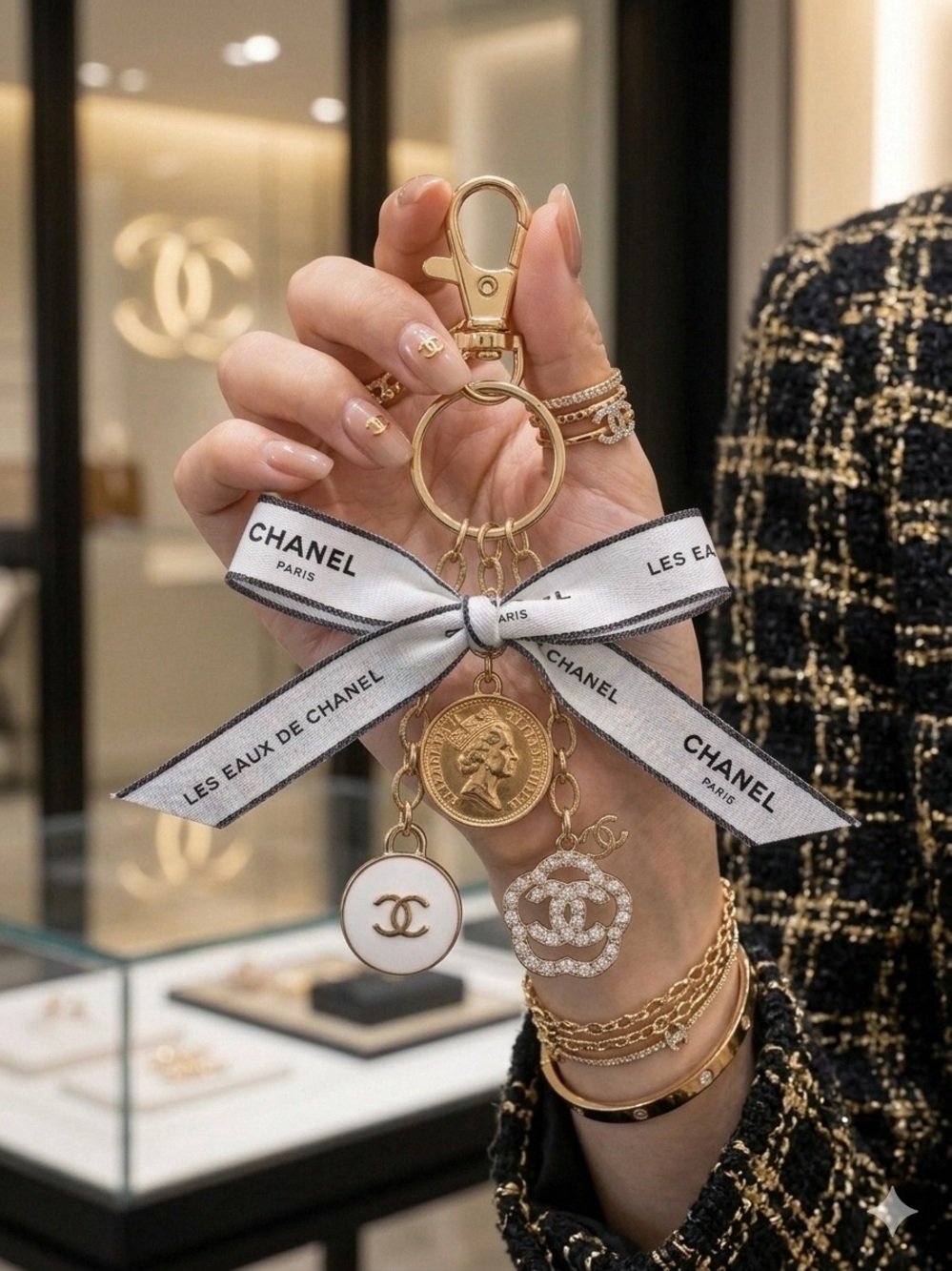 ChaneI Gold-Tone Keyring with White Ribbon and Black Logo and Gold Charms
